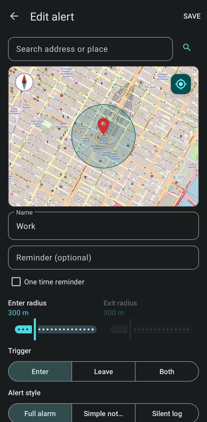 Location Alerts — alert settings