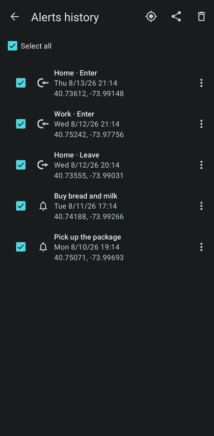 Location Alerts — visit history